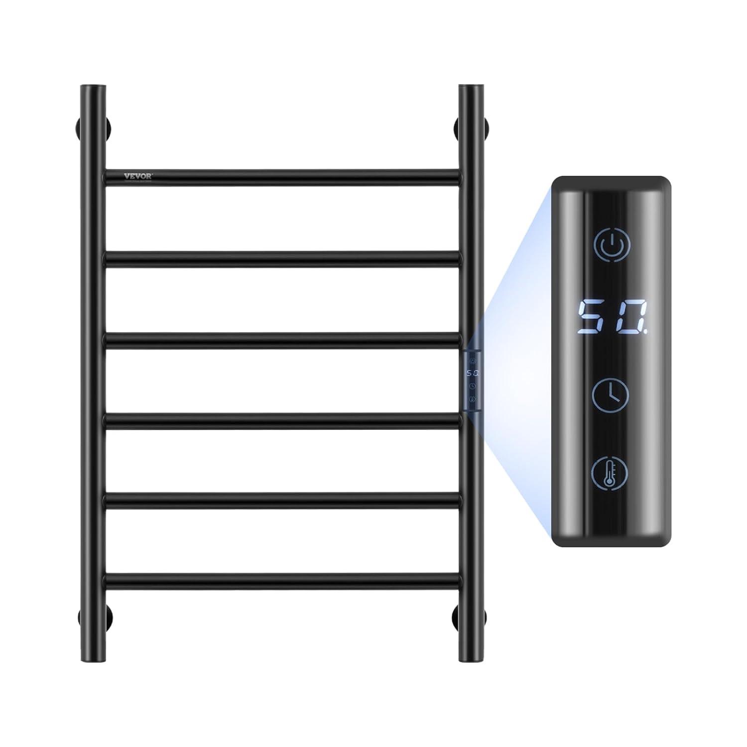 VEVOR 6 Bars Towel Warmer Rack, Wall Mounted Heated Towel Rack for Bathroom, IPX5 Waterpoof Towel Heater Rack with Timer & Display Screen, Black