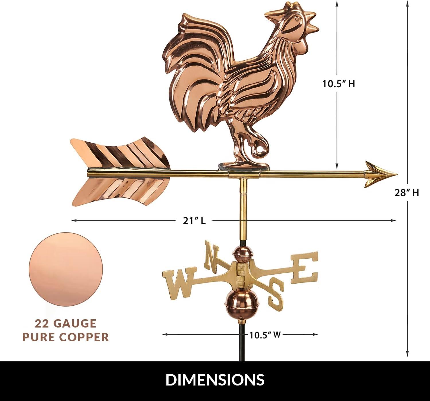 Copper Rooster Cottage Weathervane with Roof Mount