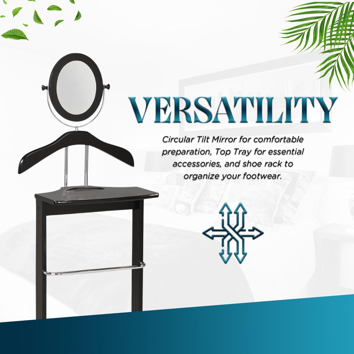 Kings Brand Furniture - Wardrobe Wood Suit Valet Stand, Clothes Trouser Bar Rack, Tie, Belt Hanger and Shoe Rack, Black/Chrome