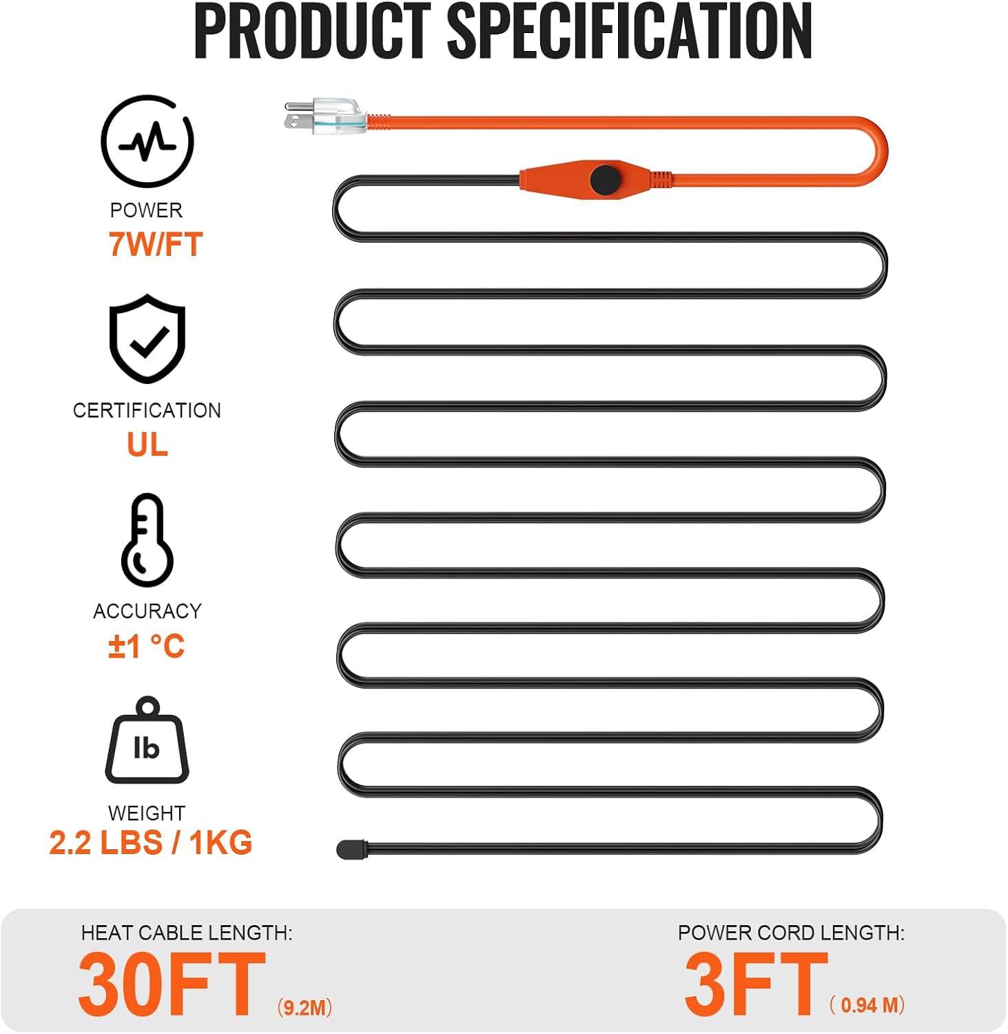 VEVOR Pipe Heating Cable 30FT 7W/FT Heat Tape for Pipes with Built-in Thermostat
