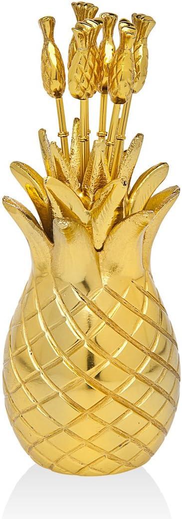 Gold Pineapple Cocktail Picks with Holder, Set of 6