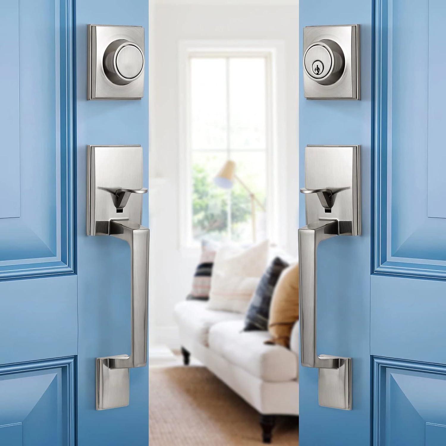 Satin Nickel Modern Double Door Handle Set with Lever