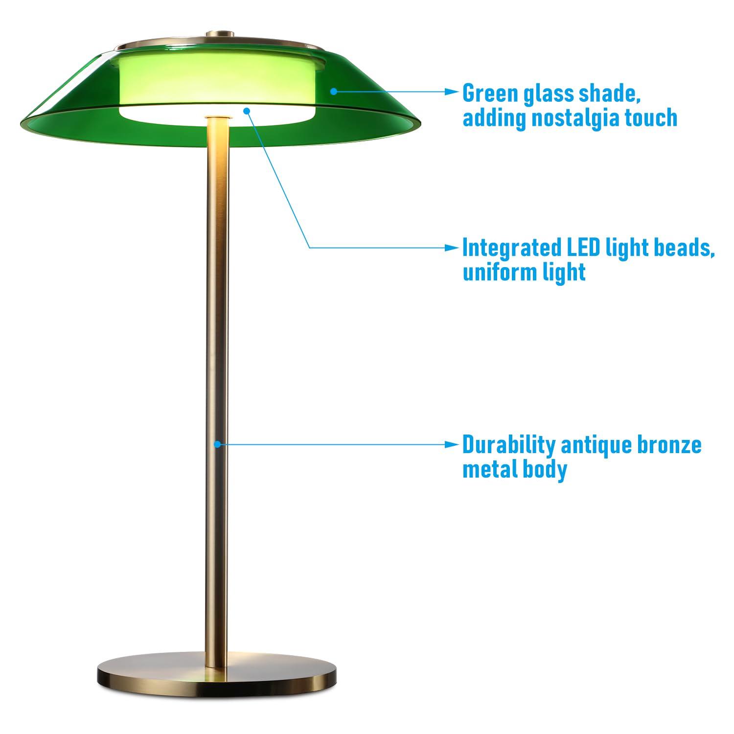 TORCHSTAR Green Glass Desk Lamps with Antique Brass Body, 330LM 3-Step Dimmable, 100-240V Integrated LED Table Lamp for Bedside Living Room, ETL&UL Listed, 3000K Warm White