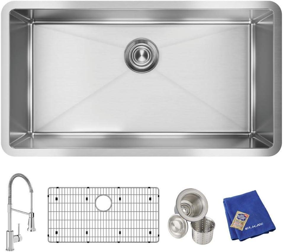 Elkay EFRU311610TFC Crosstown Stainless Steel 33" L x 18" W Undermount Kitchen Sink with Faucet