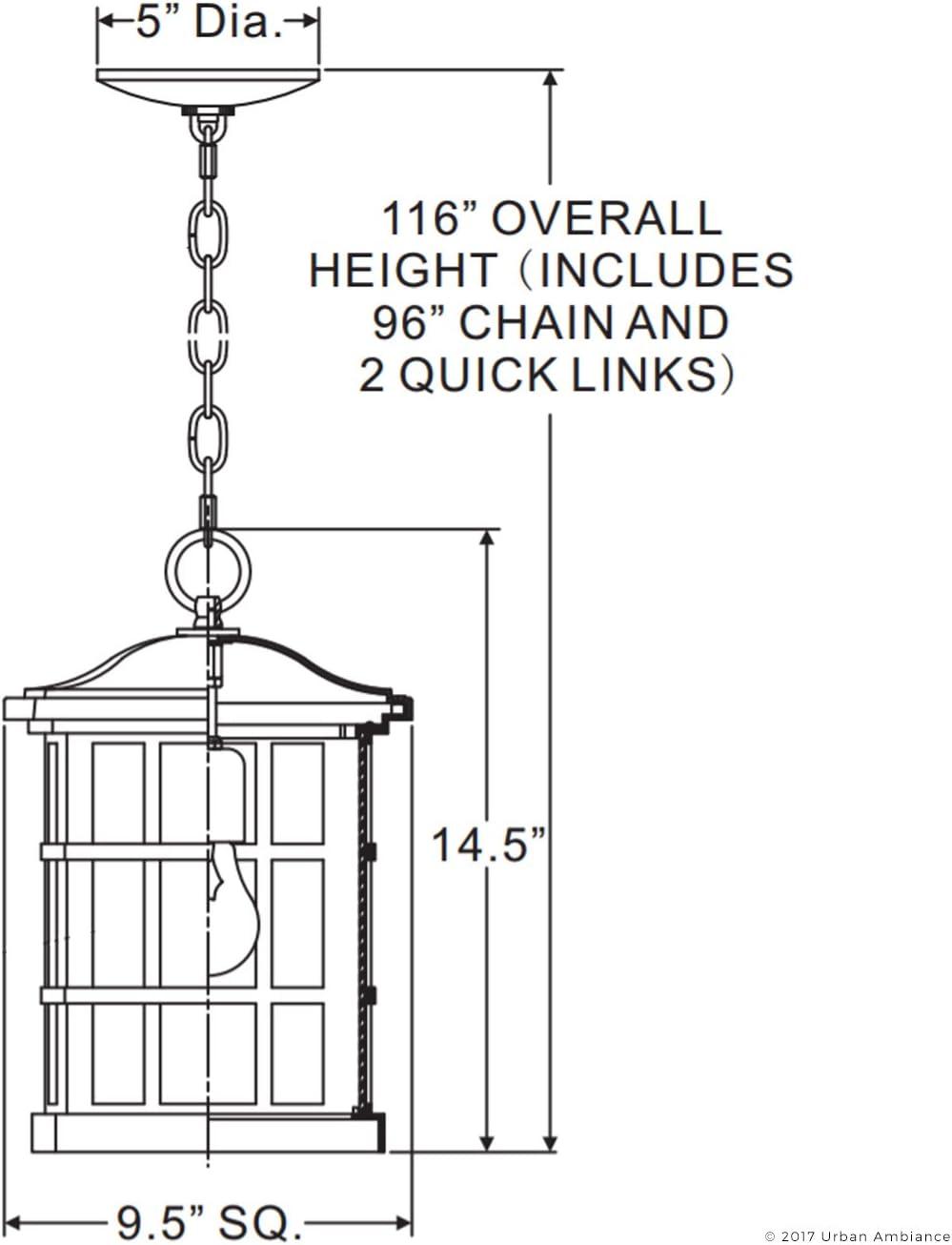 Urban Ambiance Luxury Craftsman Outdoor Pendant Light, Medium Size: 15"H x 9.5"W, with Tudor Style Elements, Highly-Detailed Design, High-End Black Silk Finish and Water Glass, UQL1250