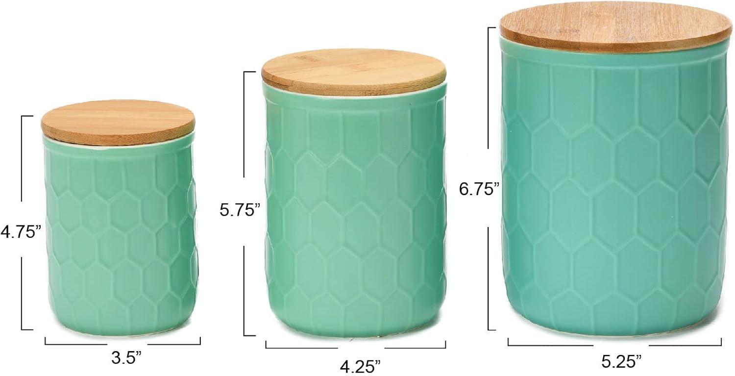 Set of 3 Mint Green Ceramic Honeycomb Canisters with Bamboo Lids