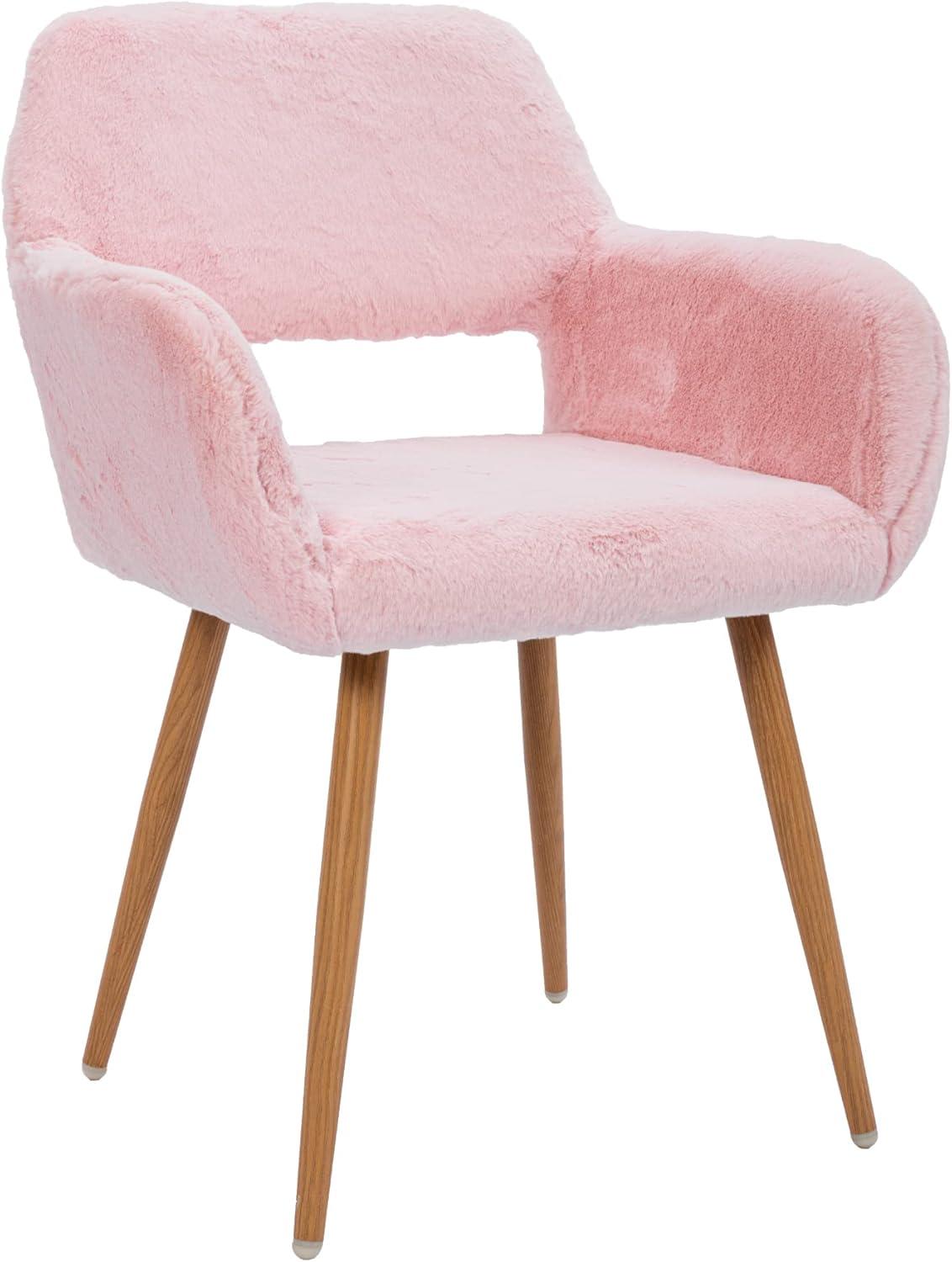 KCC Furry Desk Chair, Mid-Century Modern Accent Faux Fur Chair for Teen Girls, Comfy Armchair with Wood Look Metal Legs for Living Dining Room, Home Vanity Makeup Office Desk Chairs No Wheel, Pink