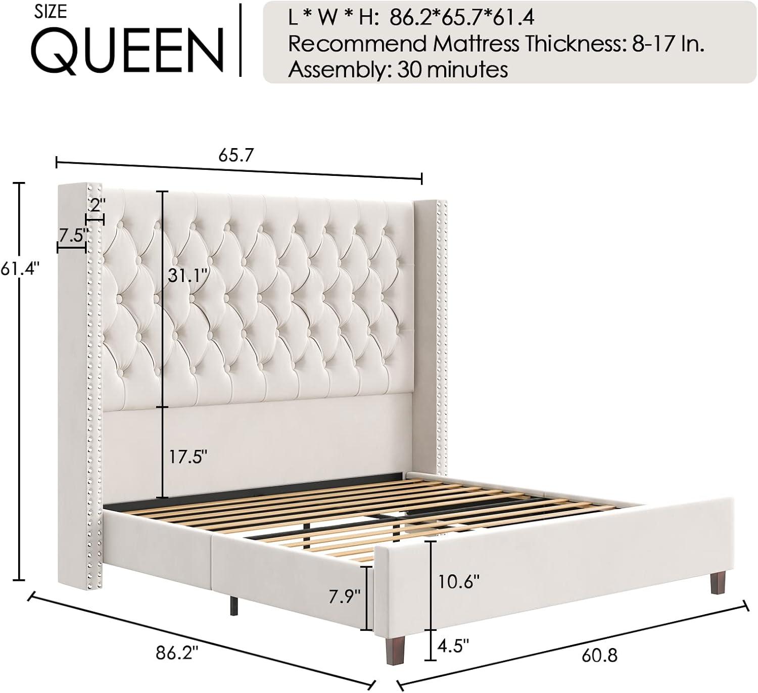 Merluxy Queen Bed Frame with 61.4" Handmade Deep Button Tufted Headboard/Cream