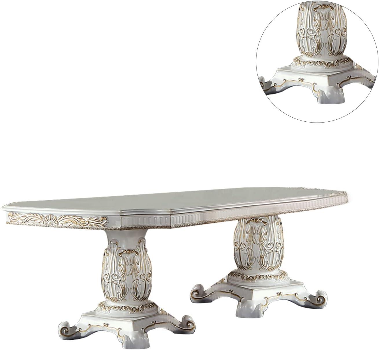 120" Vendome Dining Table Antique Pearl Finish - Acme Furniture: Double Pedestal, Gold Accents, 8 Seats