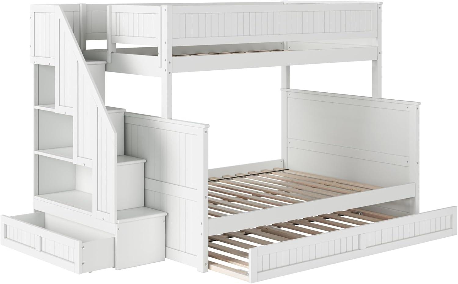 Dover Twin over Full Wood Staircase Bunk Bed with Drawer & Trundle in White