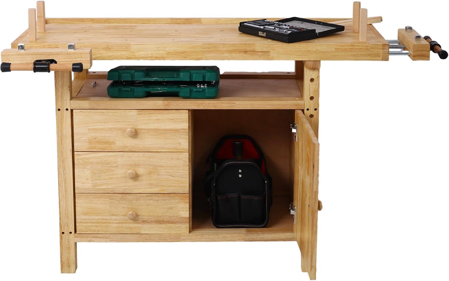 60" Natural Rubberwood Workbench with Drawers and Shelf