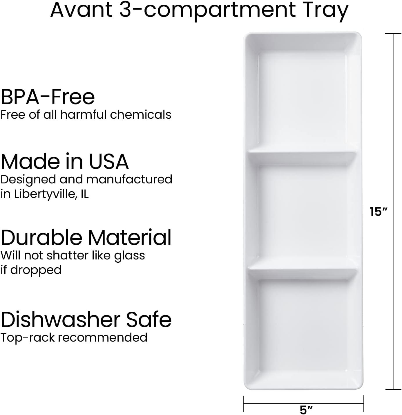US Acrylic Avant White Plastic Divided Serving Trays (Set of 4) 15” x 5” | Narrow Reusable 3-Section Party Platters | Serve Appetizers, Fruit, Veggies, & Desserts | BPA-Free & Made in USA