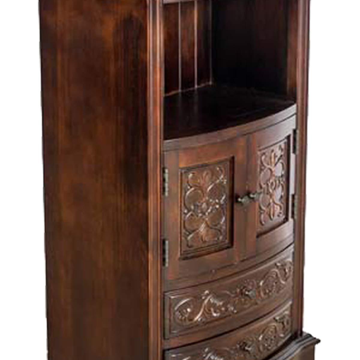 Brown Birchwood Engraved Storage Cabinet with 2 Drawers and 2 Doors