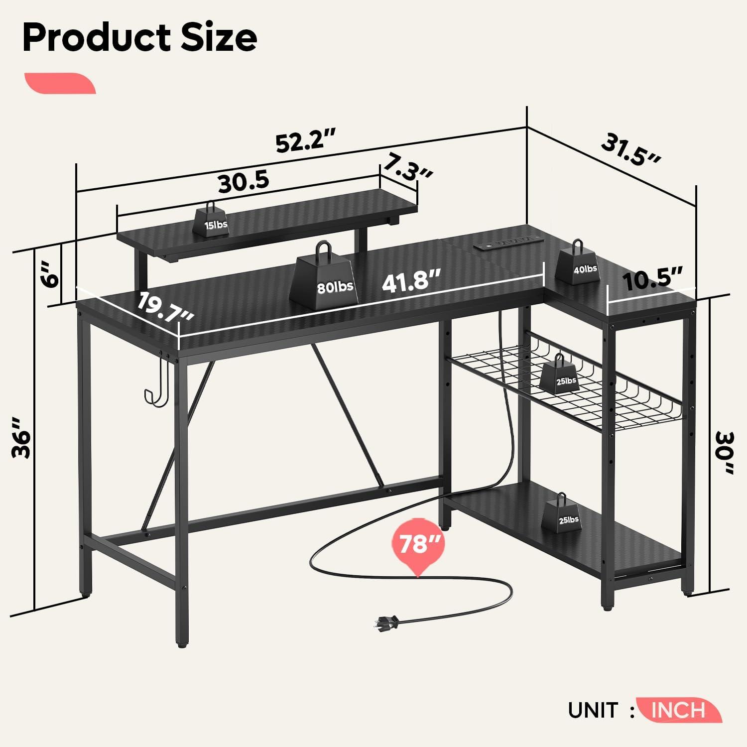 Black L-Shaped Gaming Desk with Power Outlet and USB Ports