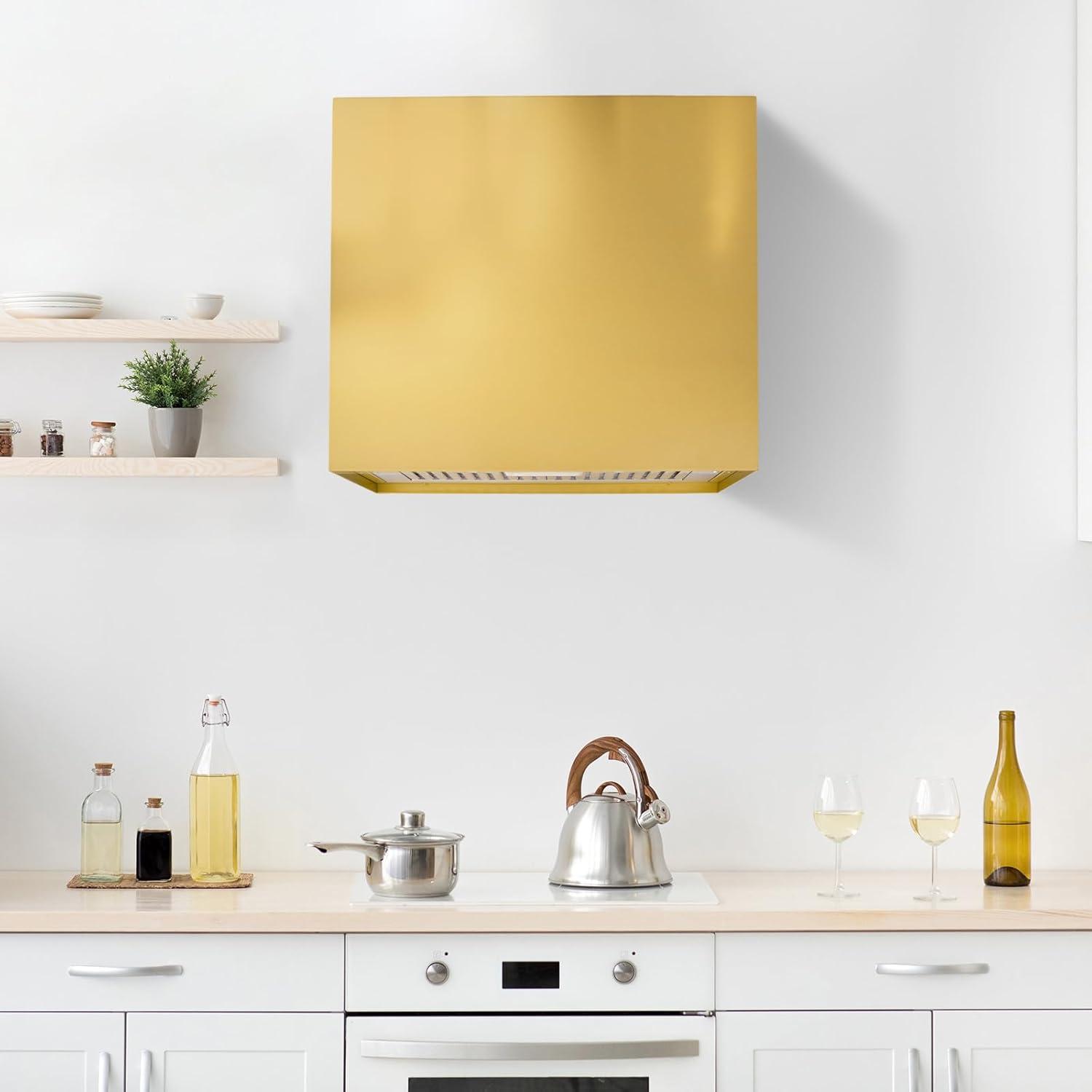 Akicon Stainless Steel Range Hood, Modern Box Kitchen Hood with Powerful Vent Motor, Wall Mount, 30”W*30”H*14D, Matte Gold (AKHS30H-MG)