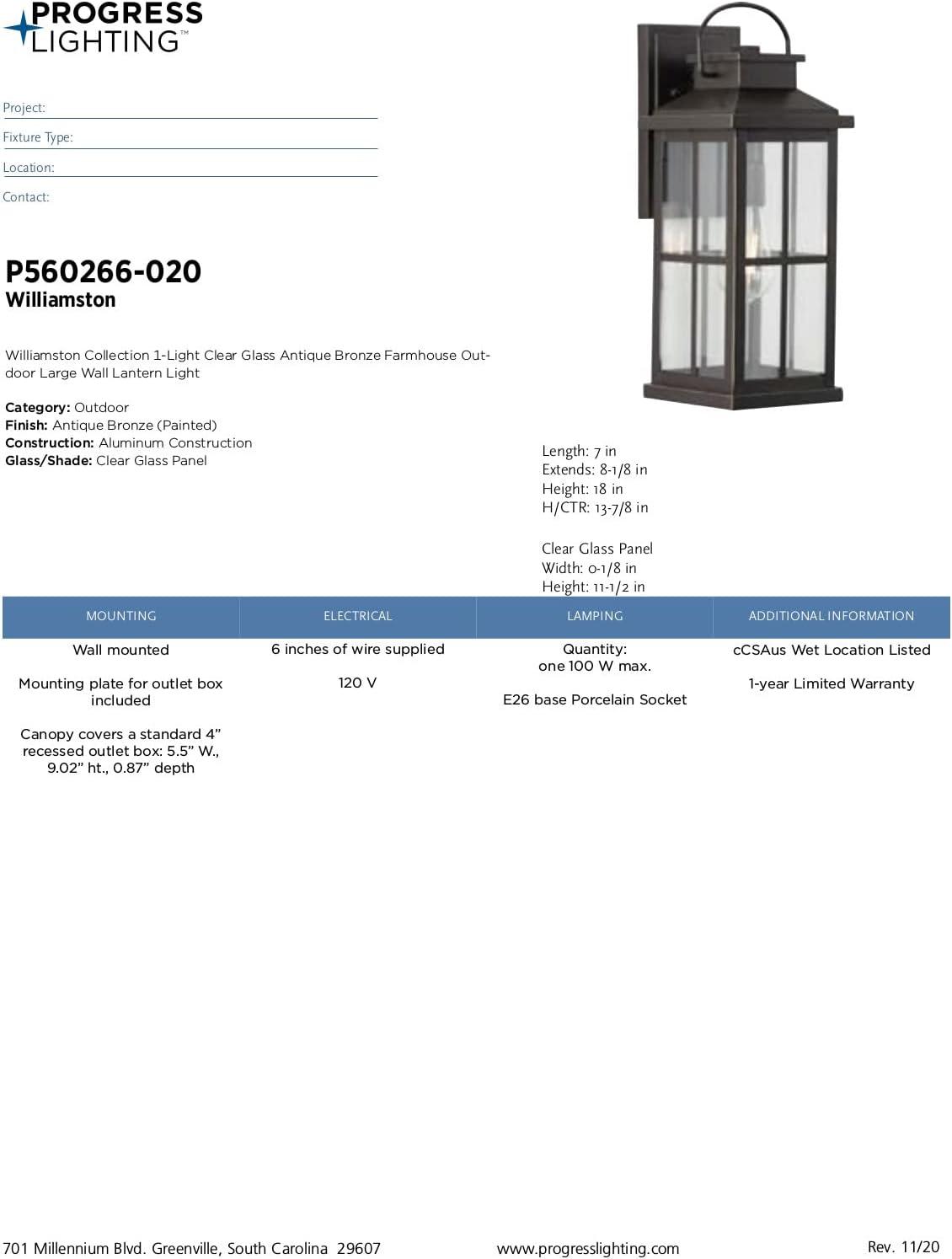 Williamston Collection One-Light Antique Bronze and Clear Glass Transitional Style Large Outdoor Wall Lantern