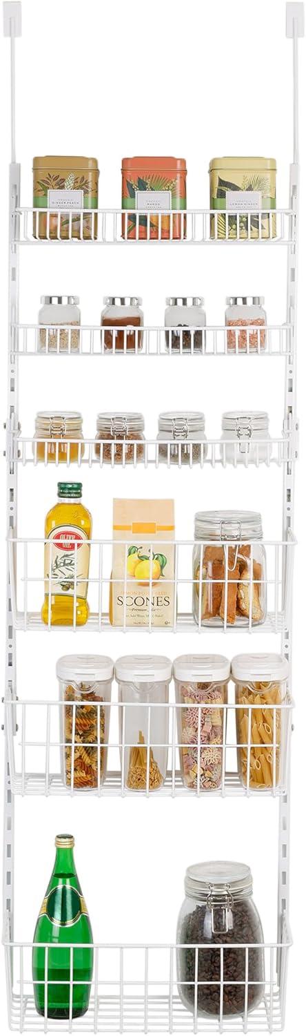 Smart Design Over the Door Pantry Organizer Rack with 6 Adjustable Steel Shelves - White