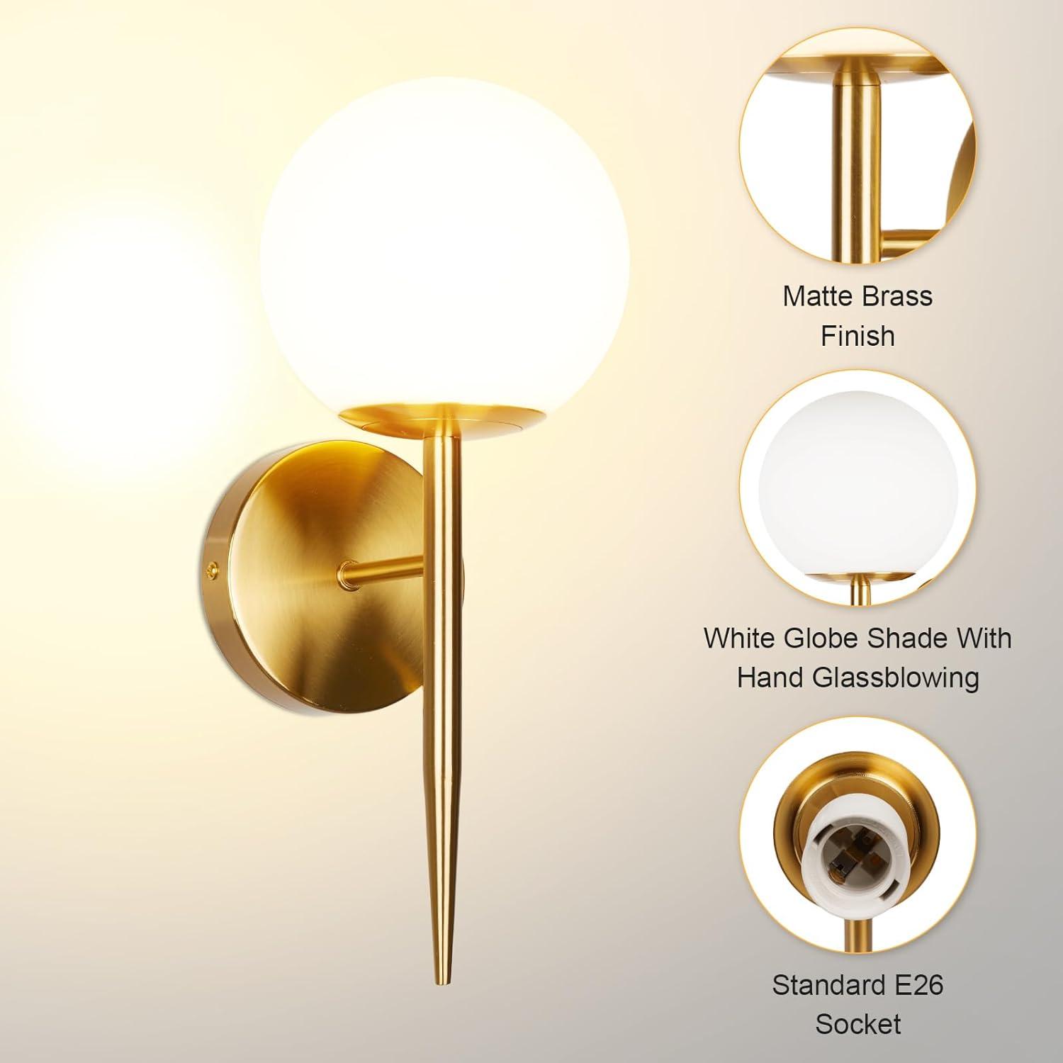 Gold Wall Sconce Set of 2 Globe Glass Wall Light Fixtures Bathroom Vanity Light Mid-Century Modern Wall Sconce Lamp with Frosted Glass Shade for Hallway Bedroom Living Room