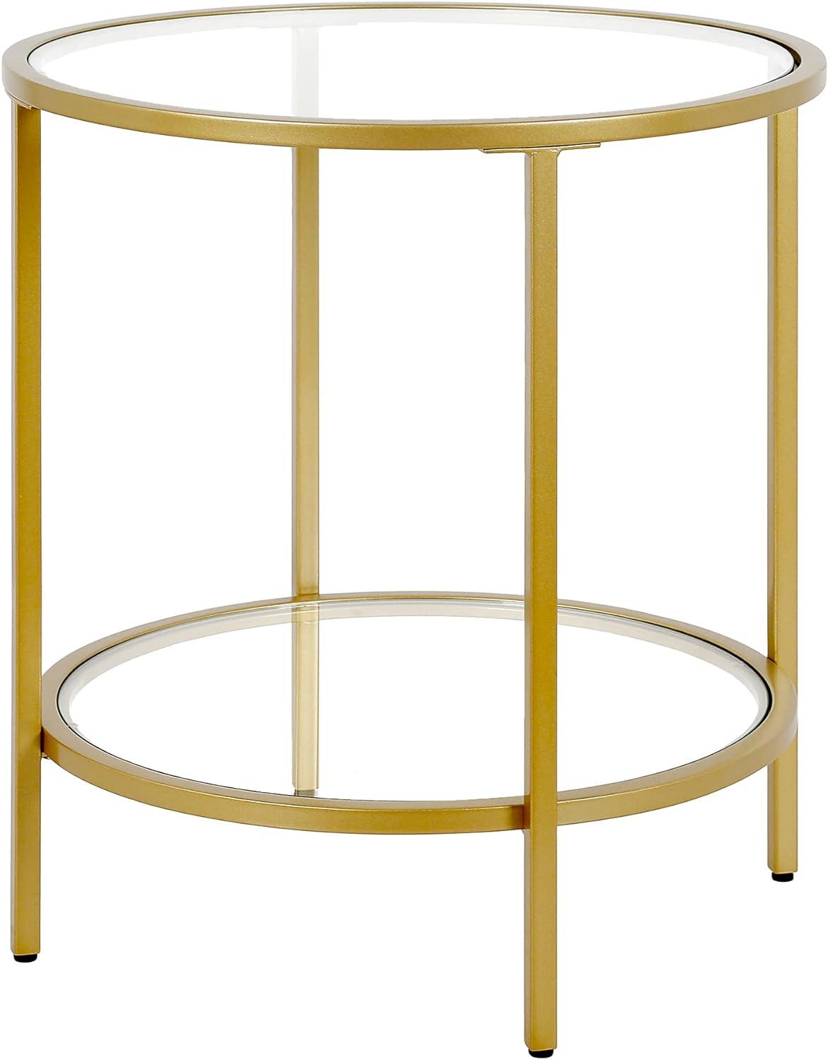 Evelyn&Zoe Sivil 20" Wide Round Side Table with Glass Shelf, Brass