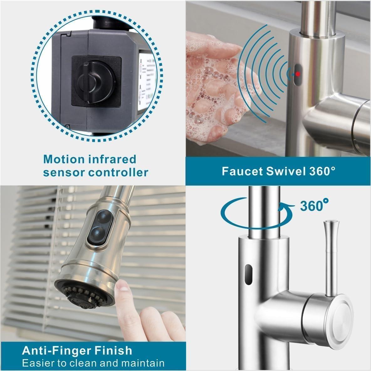 Automatic Smart Mobile Motion Sensor Kitchen Sink Faucet with 3 Modes Pull-Down Sprayer