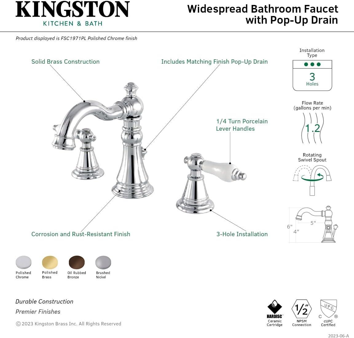 Kingston Brass English Classic Two-Handle 3-Hole Deck Mount Widespread Bathroom Faucet with Pop-Up Drain