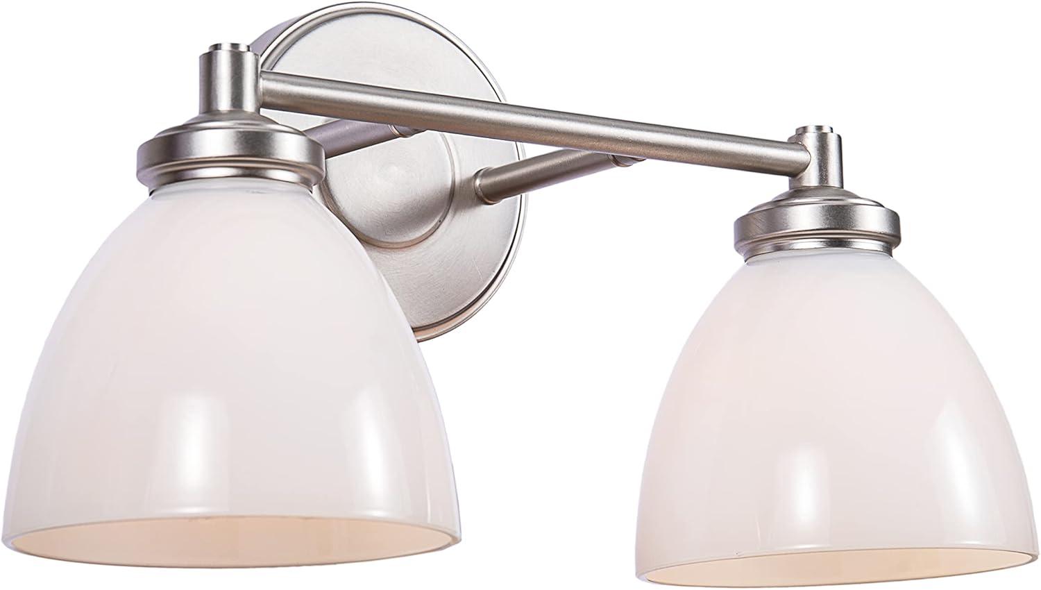 Brushed Nickel 2-Light Vanity Fixture with White Glass Shades