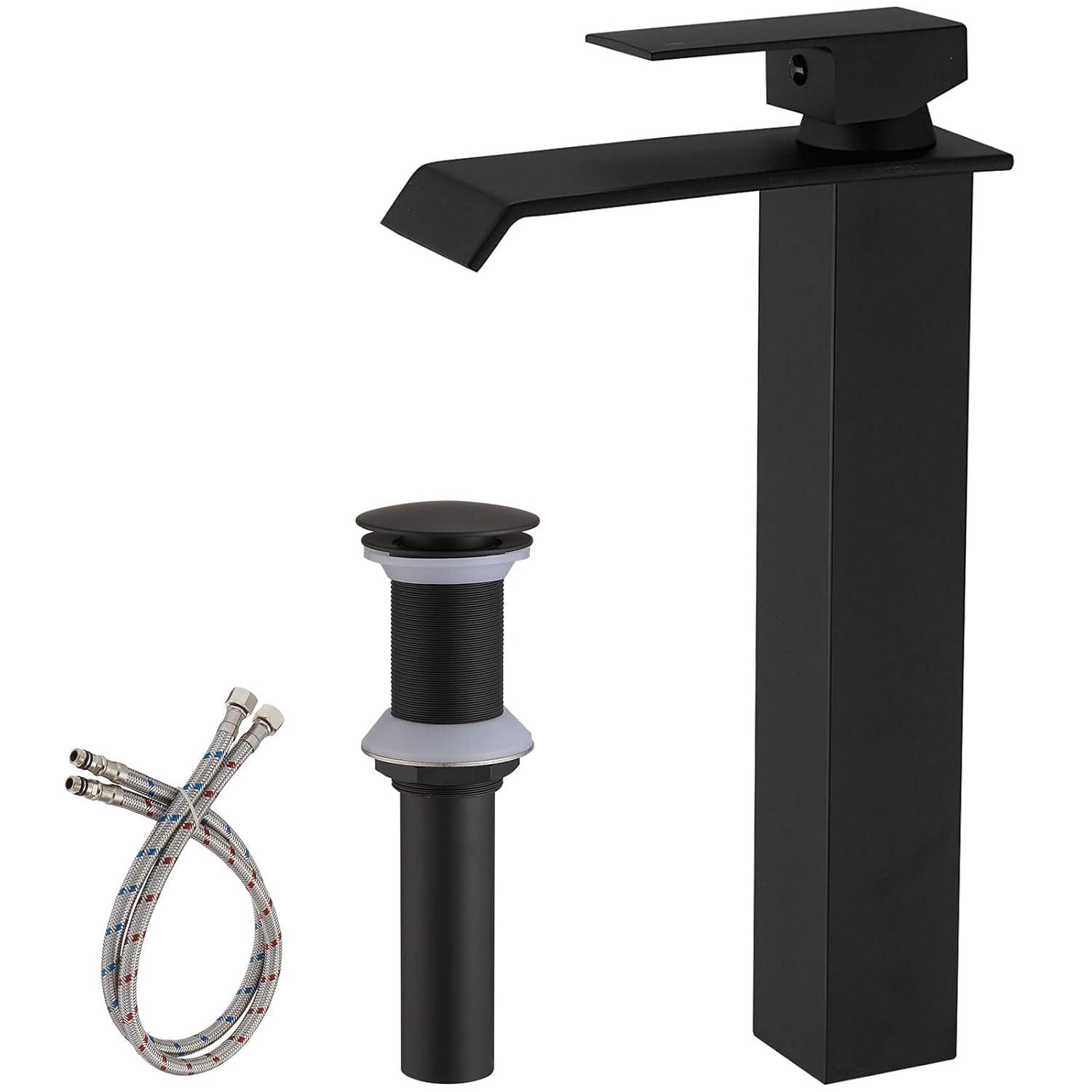 Matte Black Vessel Sink Faucet for Sink 1 Hole Single Handle Deck Mount Bathroom Sink Faucet Bowl Sink Mixer Tap with Pop Up Drain Combo Vanity RV Bar Sink Faucet