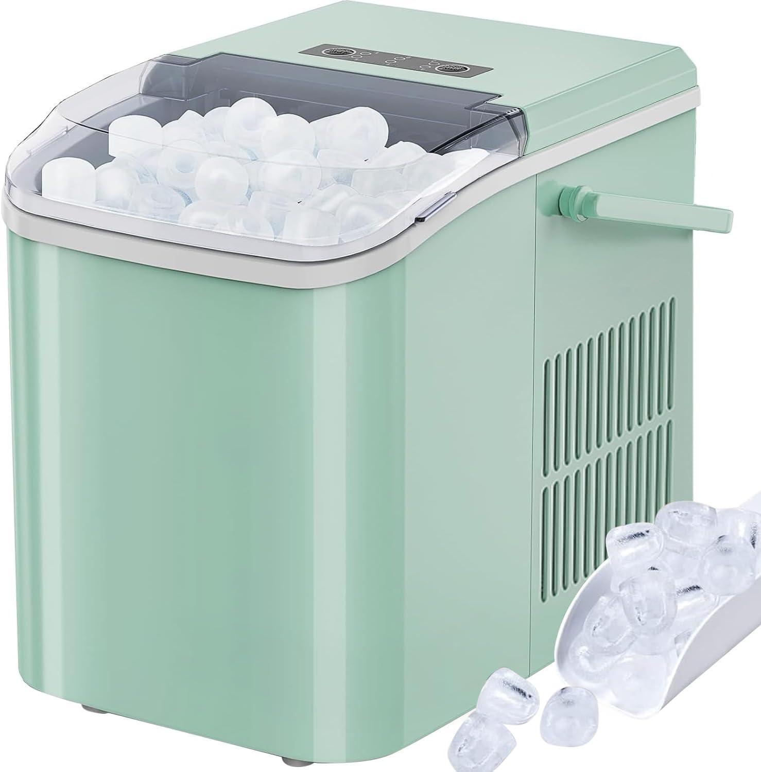 Ice Maker, Portable Countertop Icemaker Machine, Self Cleaning Quiet 2 Sizes Bullet Cubes Makers, 9 Cubes in 6 Mins, 26lbs/24Hrs with Ice Scoop, Basket for Home Kitchen Party,Green