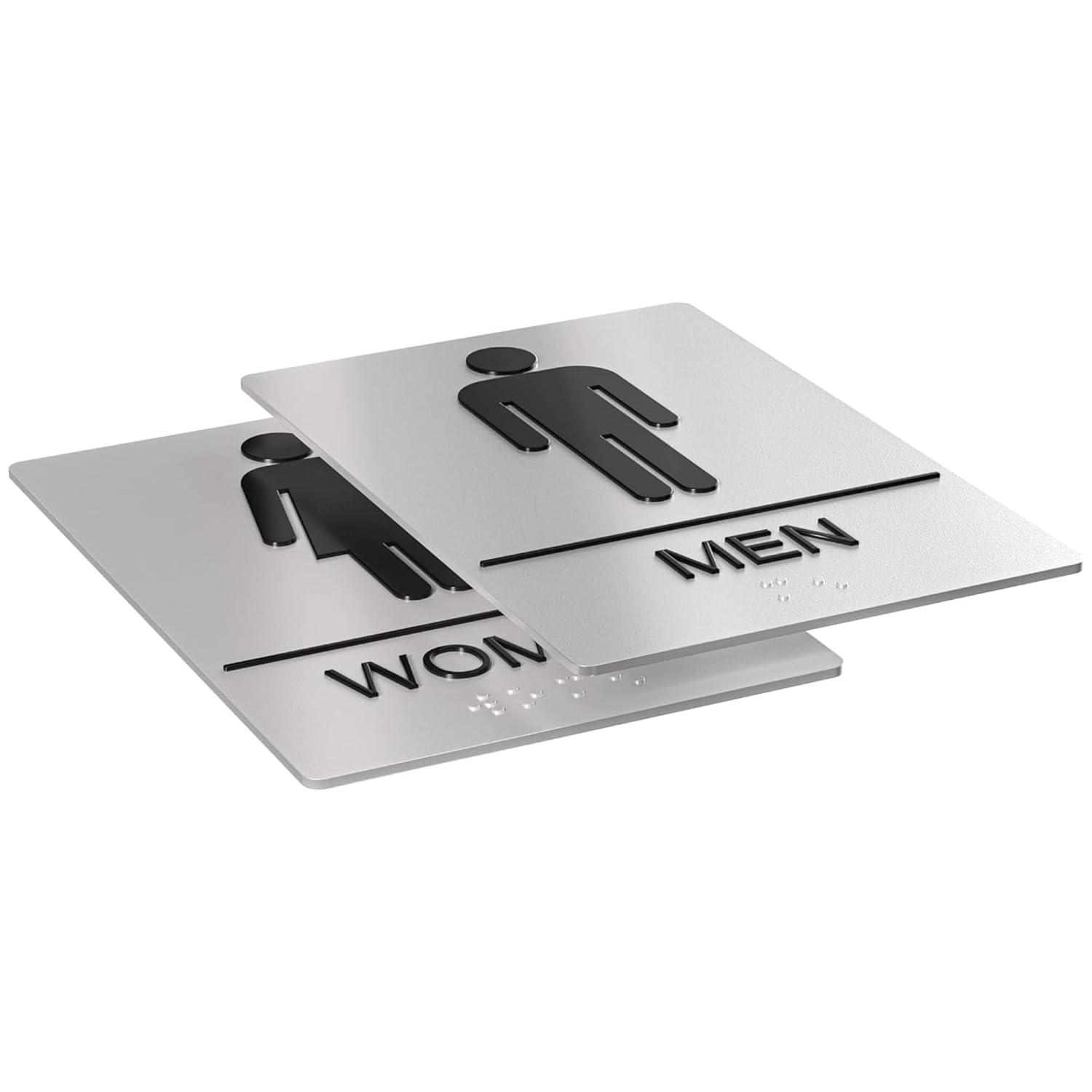 Assured Signs Restroom Sign for Wall | Bathroom Signs | 9 by 6" | Silver Acrylic | ADA Compliant with Braille | Includes Adhesives | Ideal for Office or Home