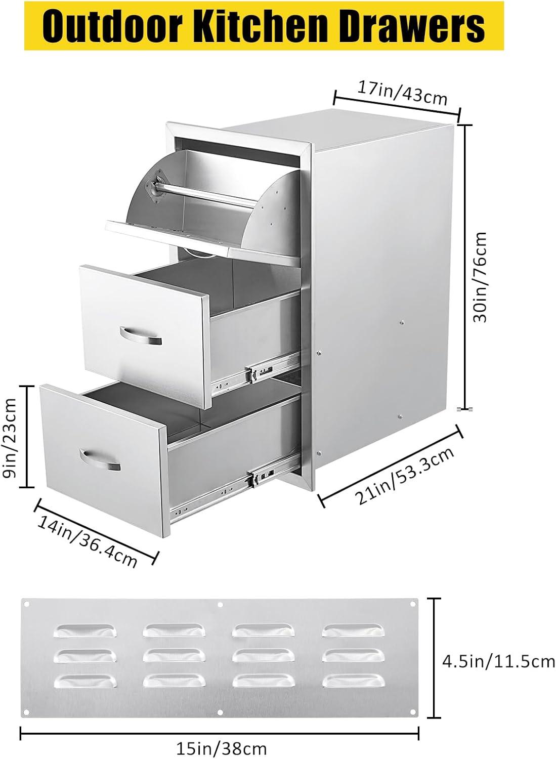 Stainless Steel Triple BBQ Drawers with Paper Towel Holder