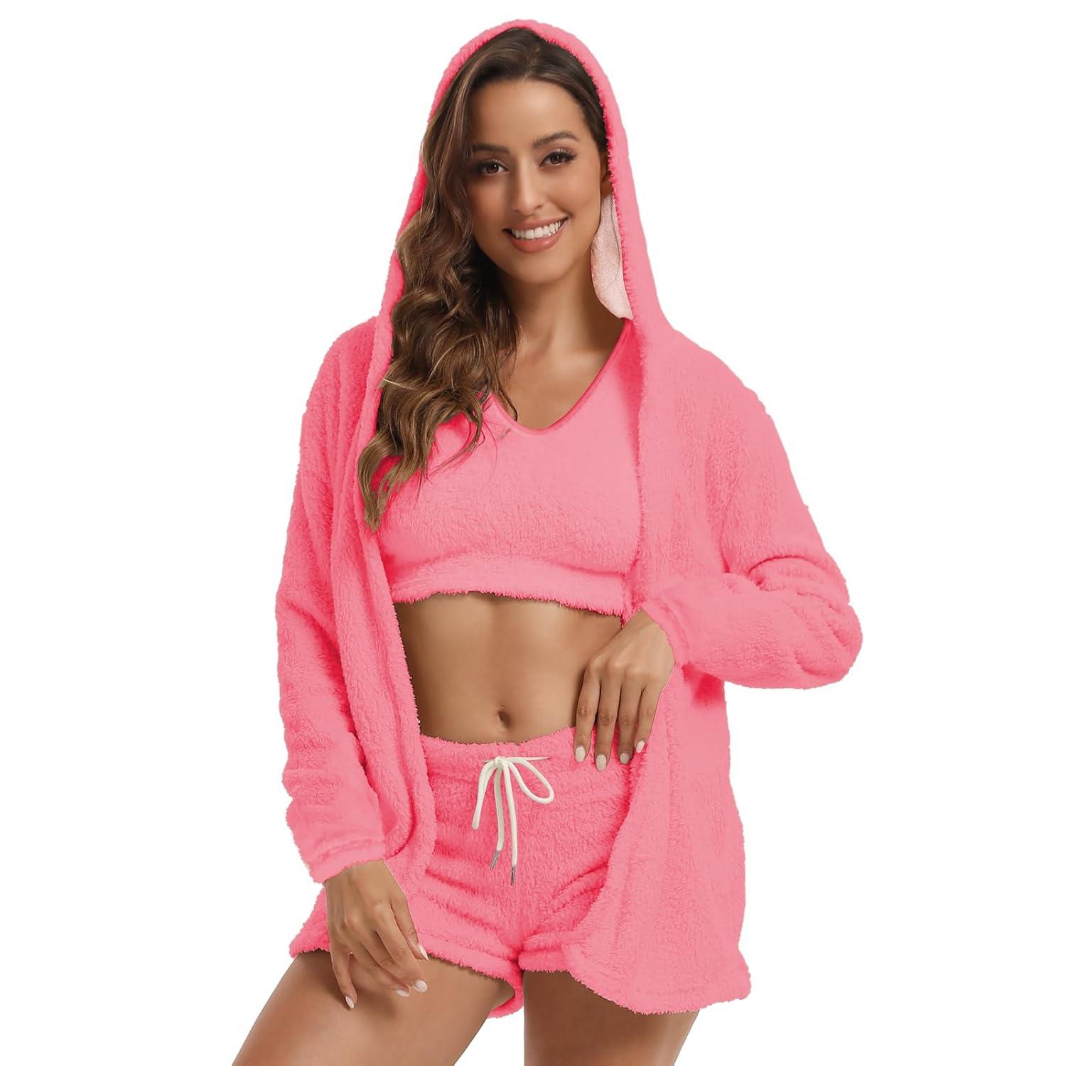 cheibear Women's Fuzzy Fleece Soft Coat Jacket and Crop Top with Shorts 3-Piece Pajamas Lounge Set Pink Small