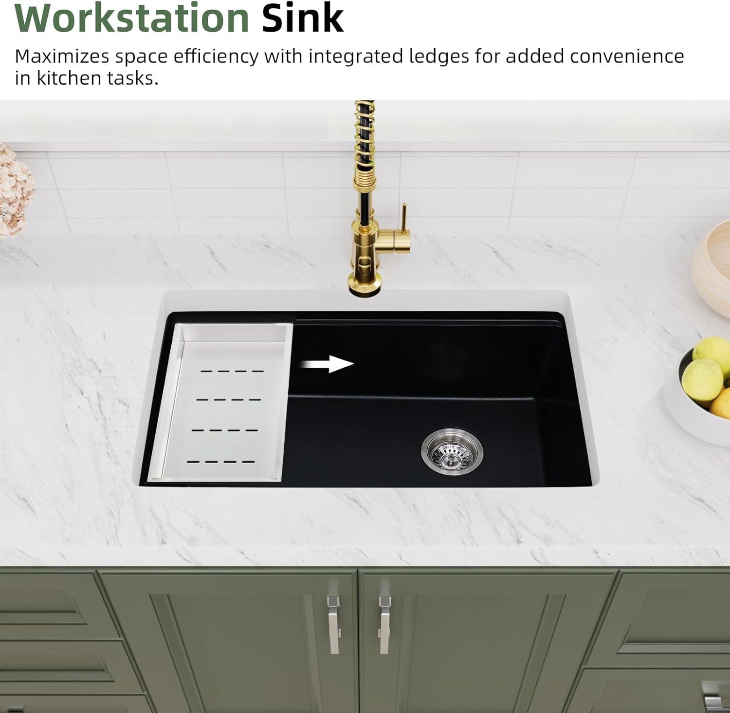 Davivy 33 Inch Black Granite Composite Kitchen Sink Workstation, 33 X 22 Quartz Composite Dual Mount Sink, Matte Black Composite Single Bowl Sink
