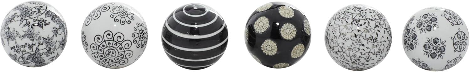 DecMode Black 3" Floral Glossy Ceramic Orbs & Vase Filler with Varying Patterns and White Accents (6 Count)