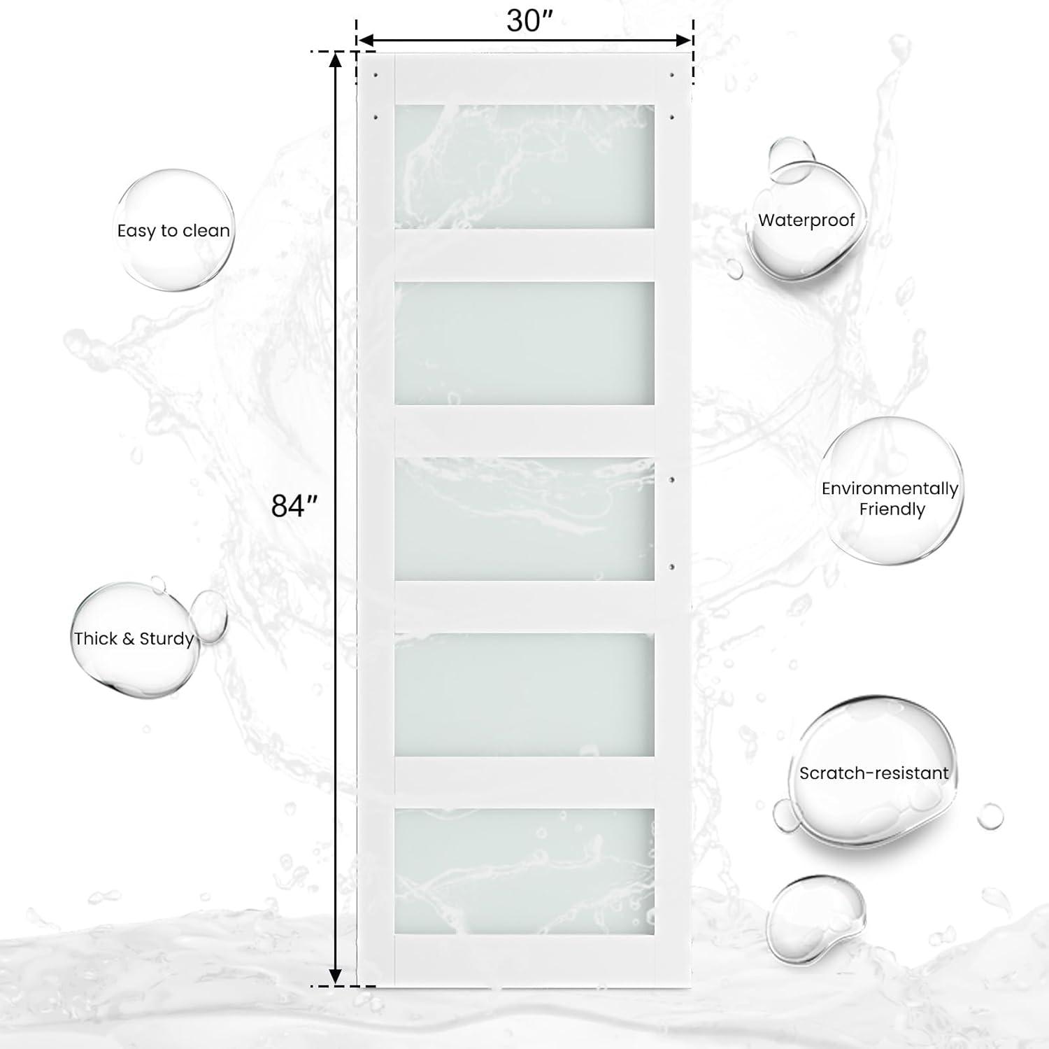 White 30x84 Frosted Glass 5-Panel Sliding Barn Door with Hardware Kit