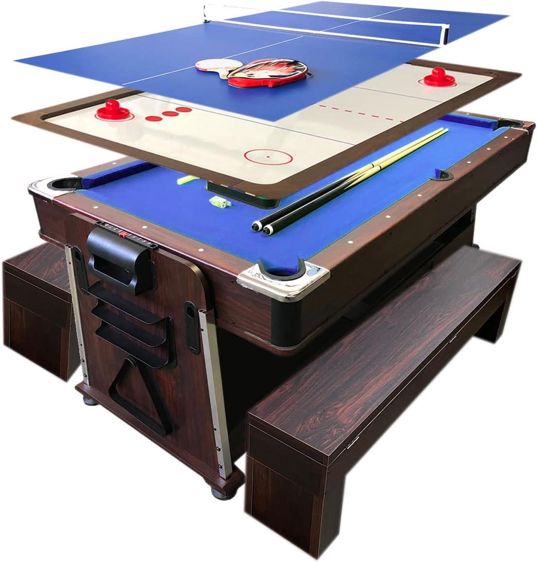 Pool Table 7ft Blue + Air Hockey + Table Tennis + Table – Bullet With Benches