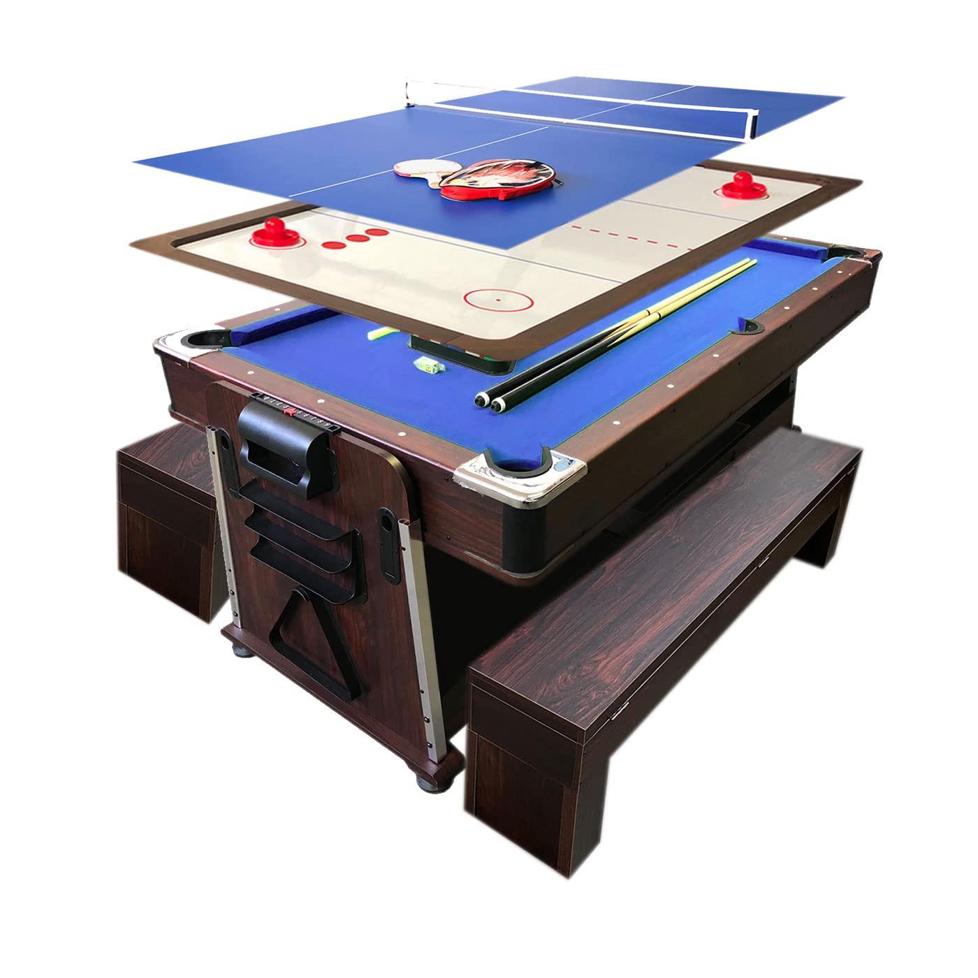 Pool Table 7ft Blue + Air Hockey + Table Tennis + Table – Bullet With Benches