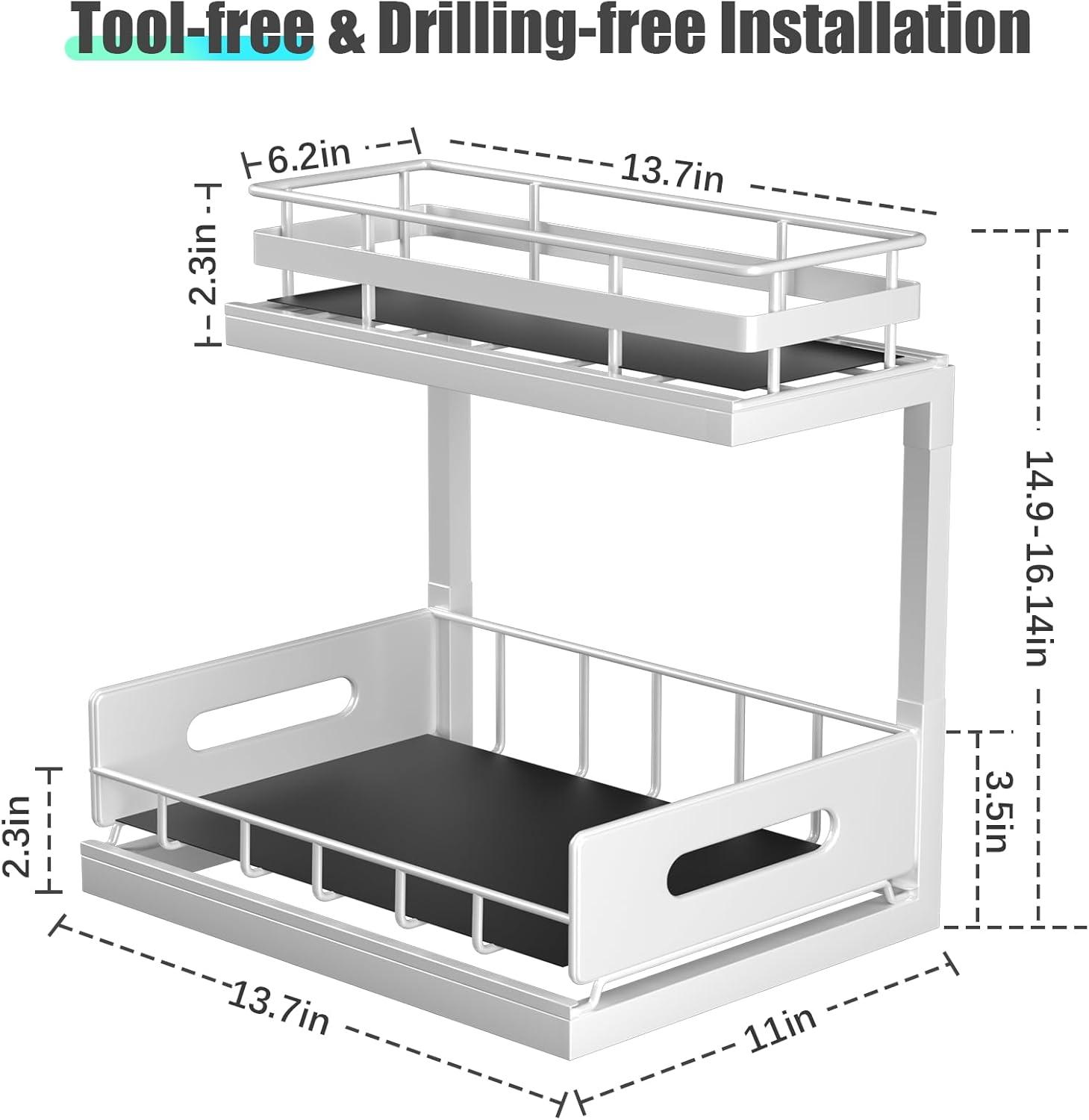 Sink Organizer, 2 Pack 2 Tier Sink Organizer and Storage, Slide-Out Pull-Out Cabinet Organizer, Sliding Metal Drawer for Home Kitchen, Bathroom, Pantry