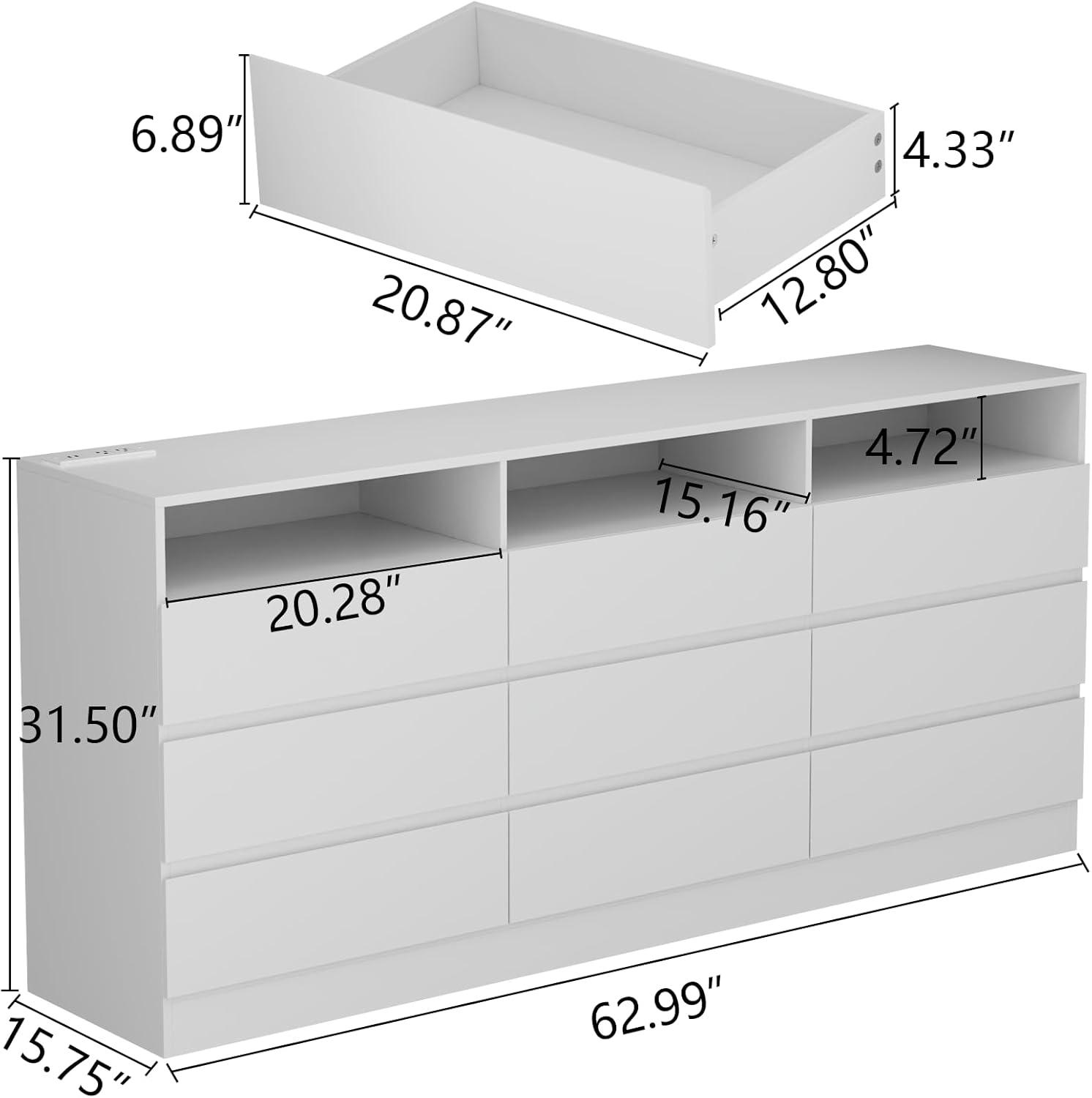 Modern White Double Dresser with LED Lights and Charging Station