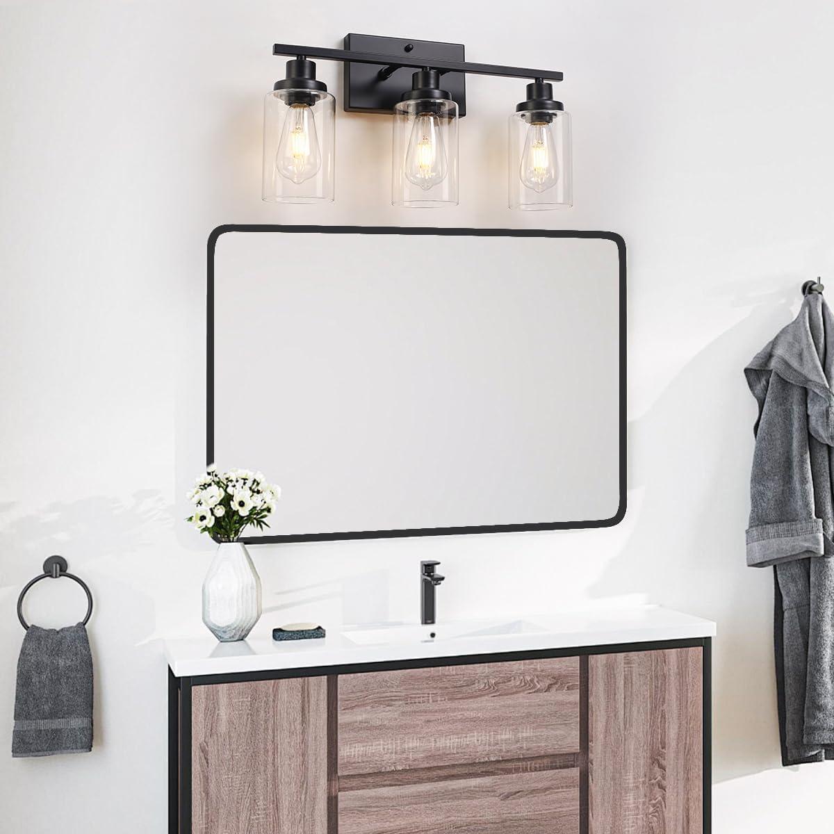 3-Light Bathroom Light Fixtures Bathroom Vanity Lights with Clear Glass Shades Matte Black Bathroom Light Fixtures over mirror for Mirror Living Room Cabinet Bedroom Porch