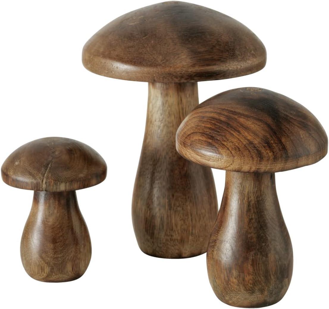 WHW Whole House Worlds Farmers Market Mushrooms, Set of 3, Decorative Figurines, Art, Dark Mango Wood, 4.75 Inches