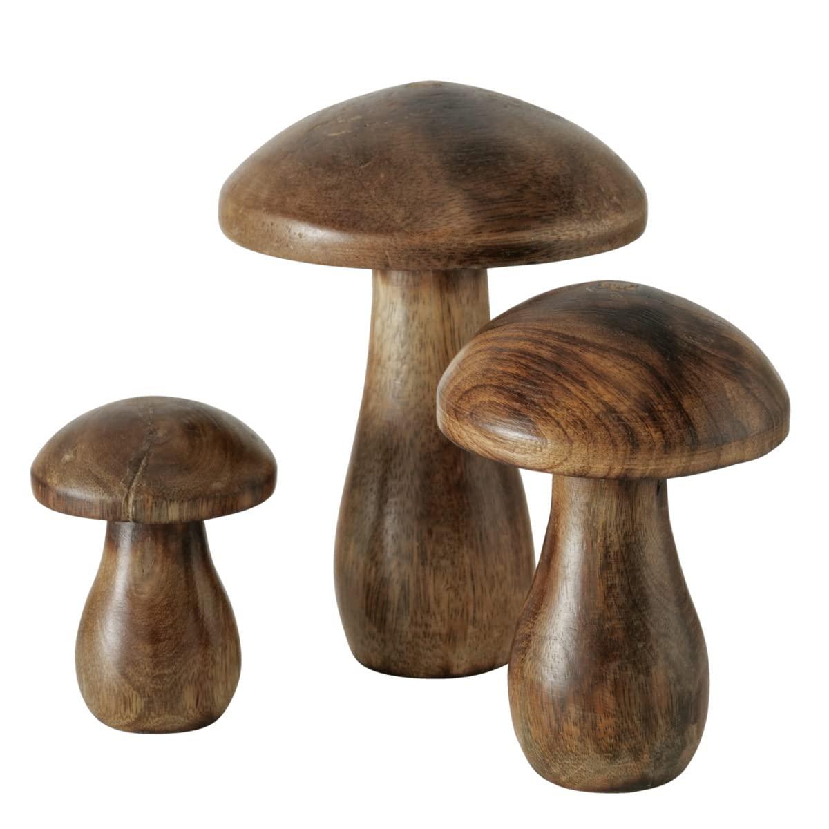 WHW Whole House Worlds Farmers Market Mushrooms, Set of 3, Decorative Figurines, Art, Dark Mango Wood, 4.75 Inches