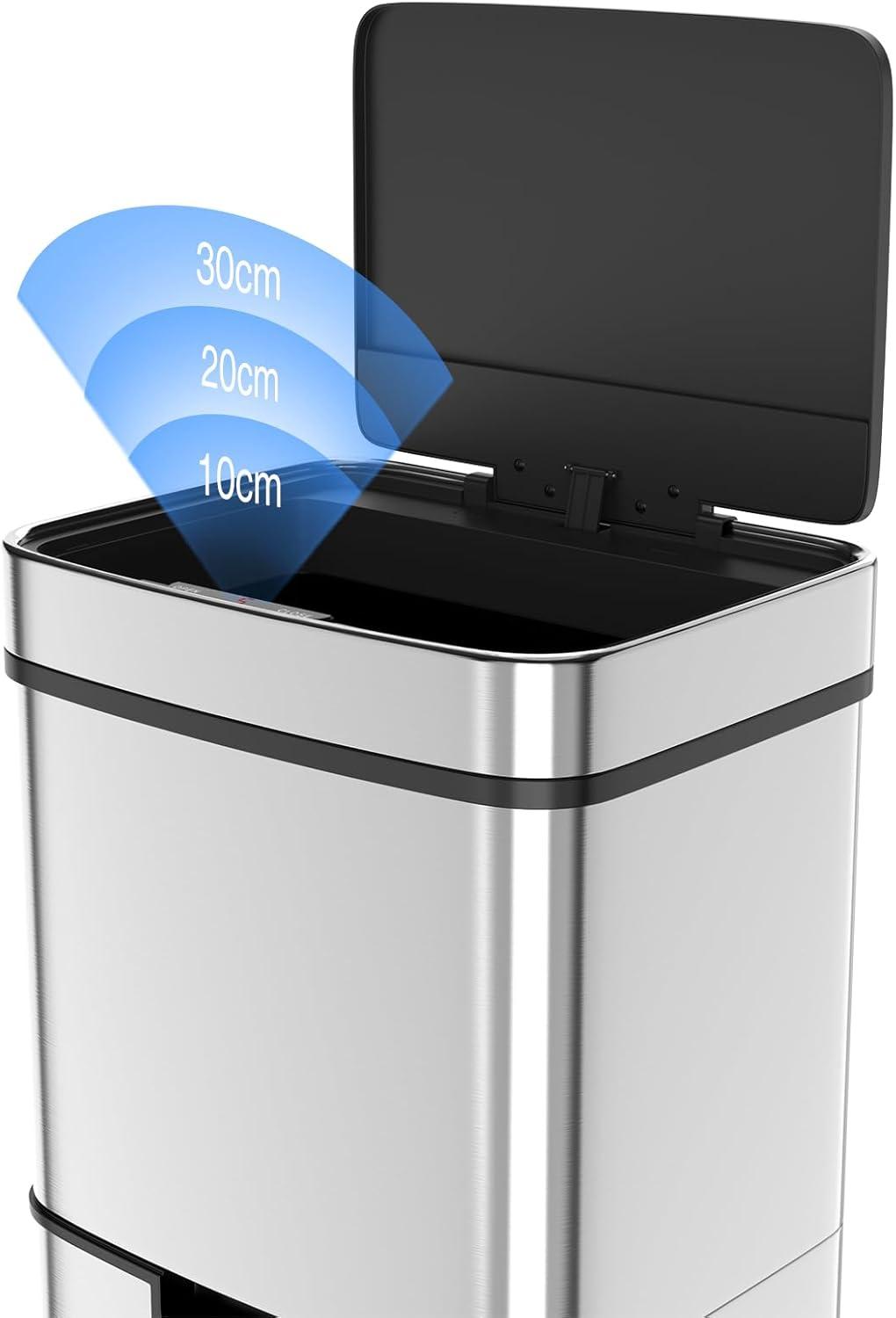 Pouseayar 16 Gallon Stainless Steel Kitchen Separation Trash Can with Smart Automatic Motion Sensor Lid and Removable Dual Compartment Plastic Inner Buckets