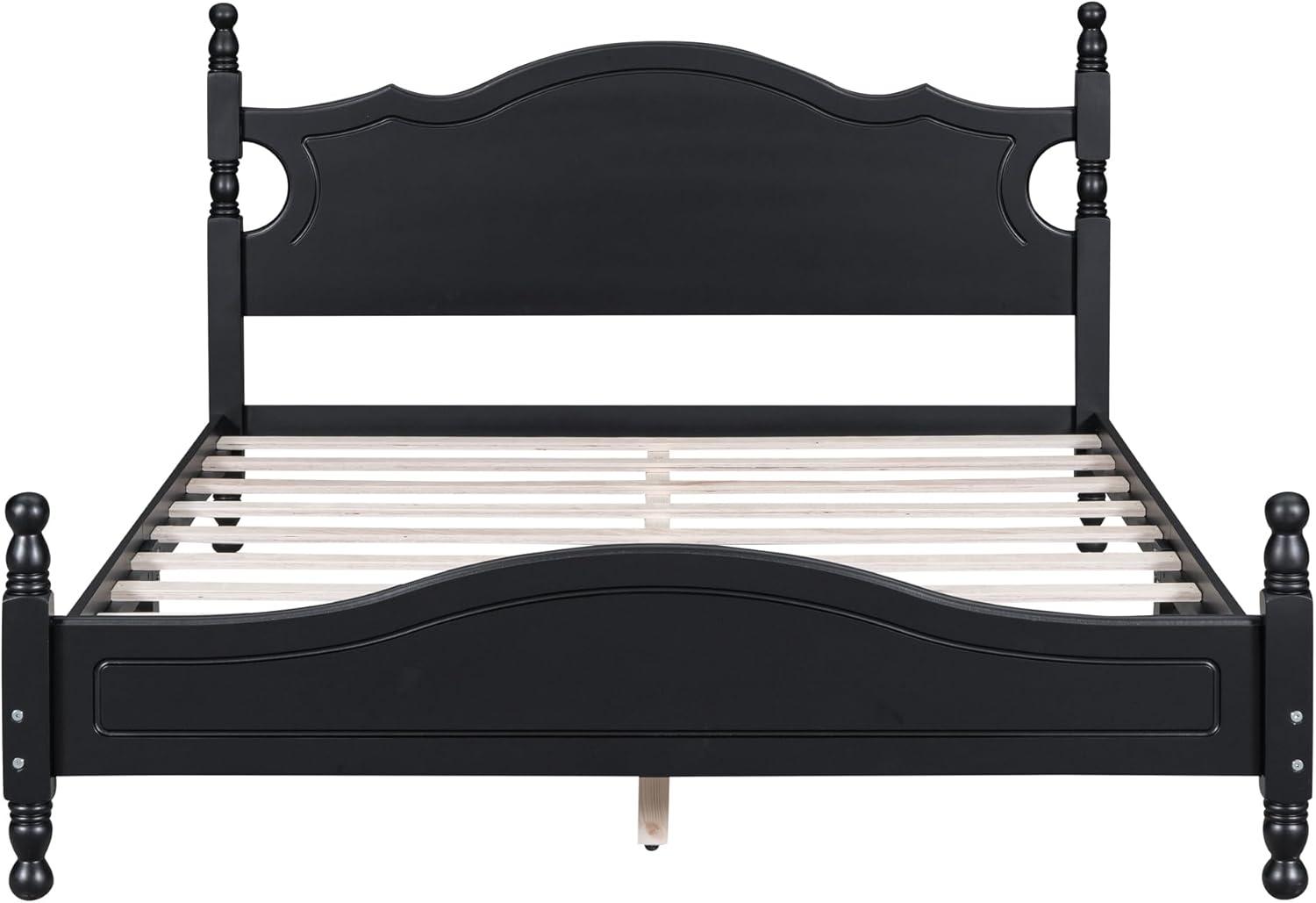 Queen Size Wood Platform Bed Frame for Boys Girls Kids Toddler,Retro Style Platform Bed with Wooden Slat Support,Black