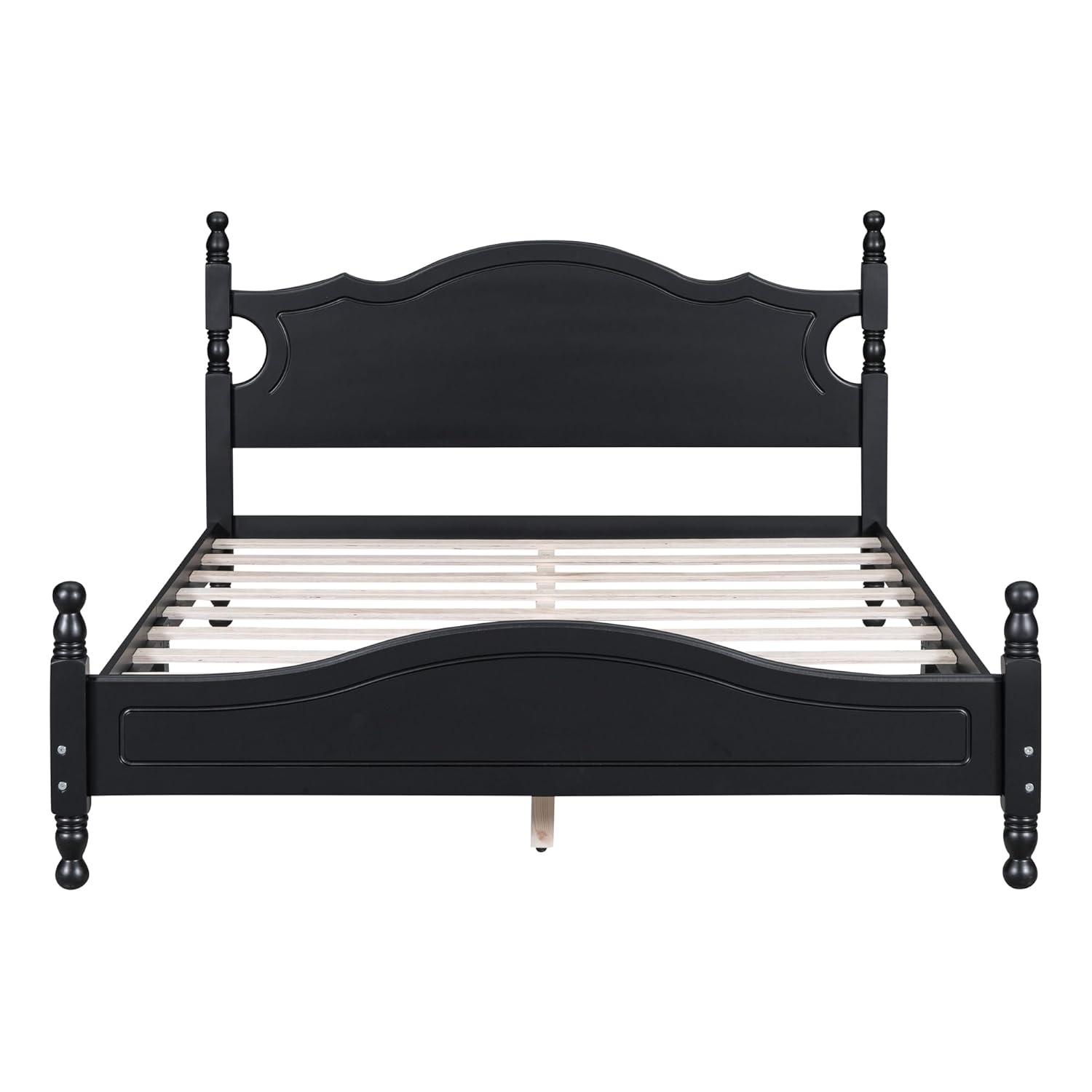 Queen Size Wood Platform Bed Frame for Boys Girls Kids Toddler,Retro Style Platform Bed with Wooden Slat Support,Black