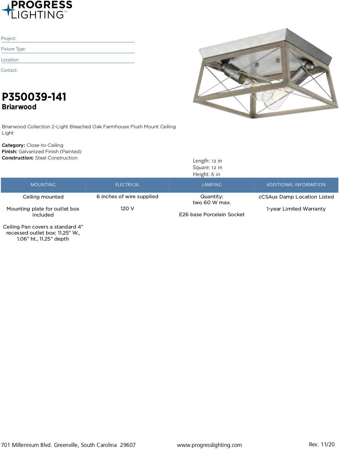 Progress Lighting Briarwood 2-Light Flush Mount, Galvanized Steel, Faux-Painted Wood Enclosure