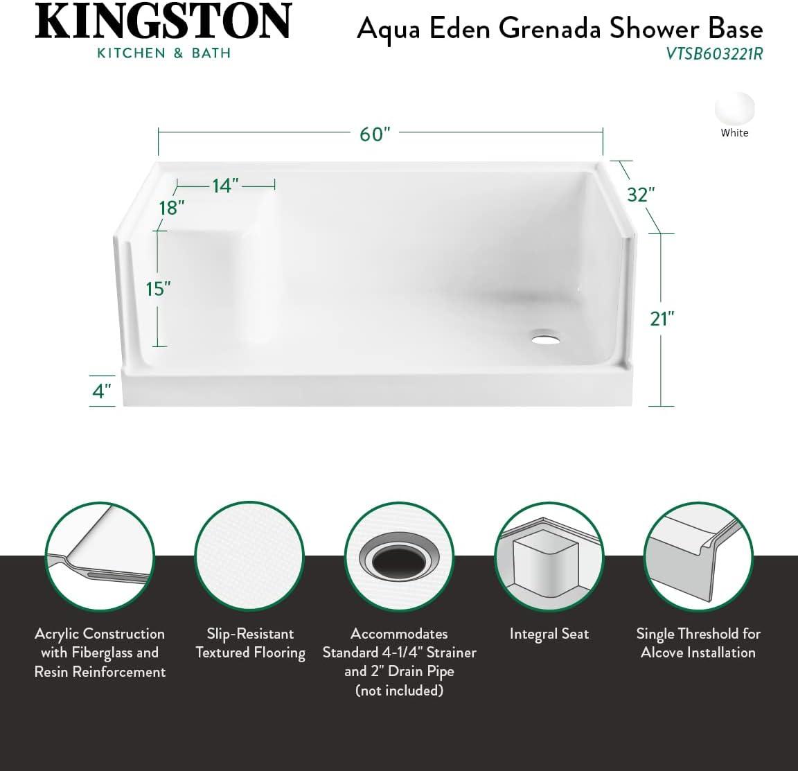 60" W x 32" D Single Threshold Shower Base with Seat