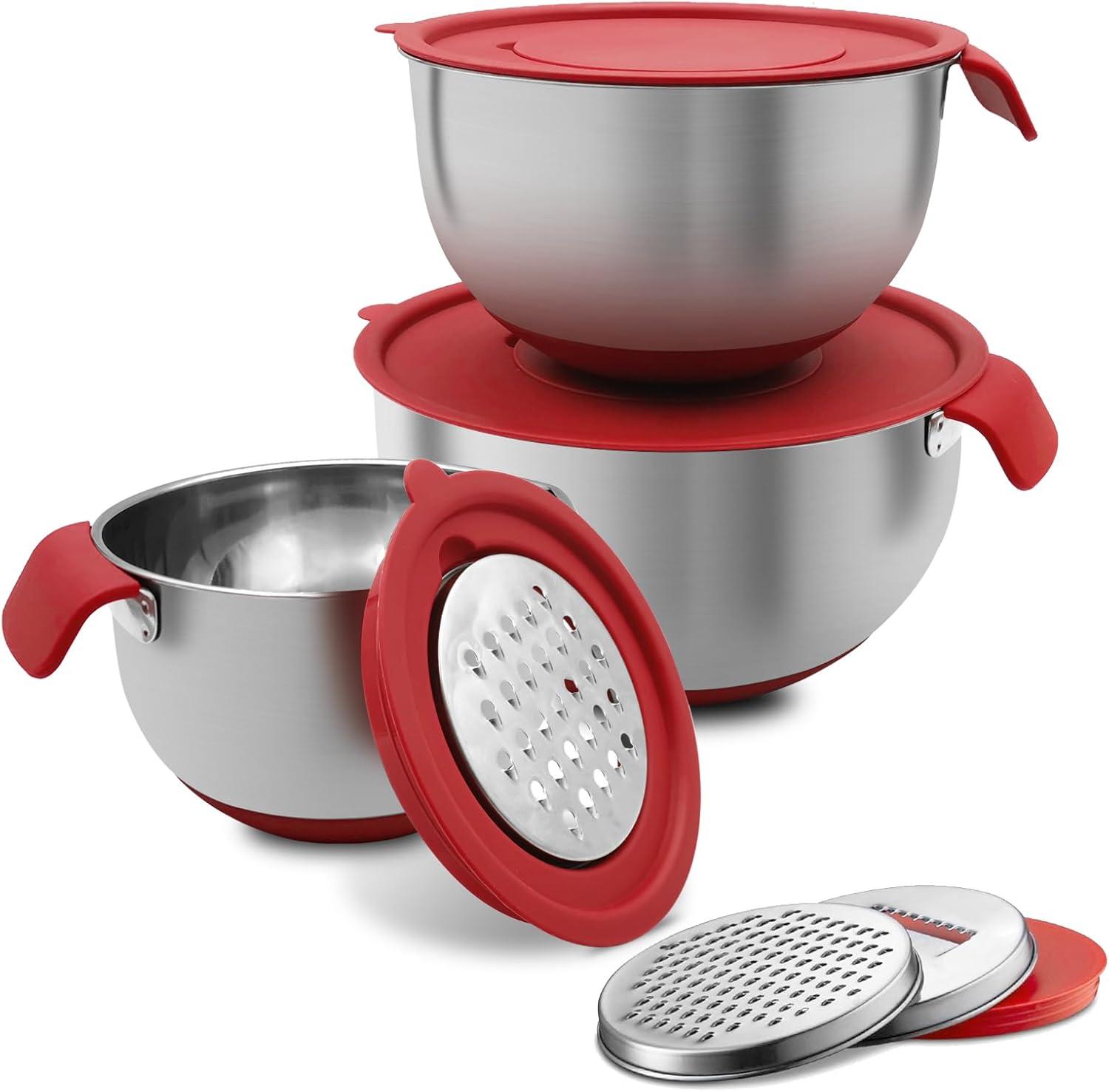 Red Stainless Steel Mixing Bowls Set with Lids and Graters