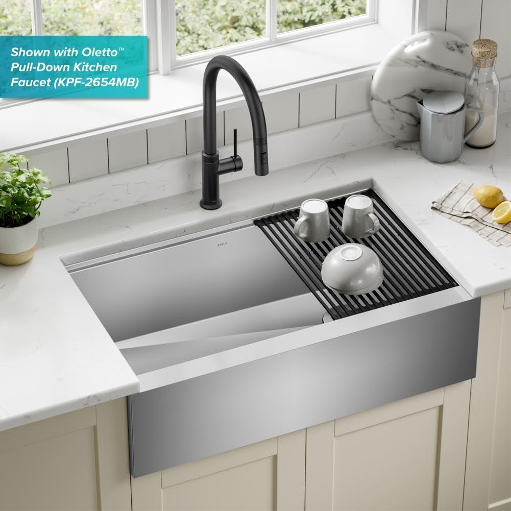 KRAUS Kore™ Workstation 33-inch 16 Gauge Stainless Steel Single Bowl Farmhouse Kitchen Sink with Accessories