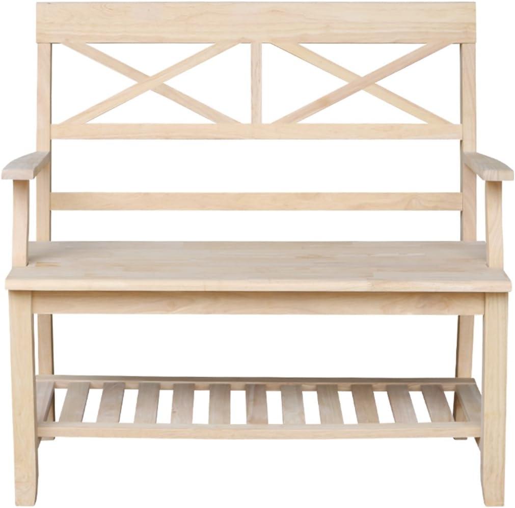 Double X-Back Bench with Arms and a Shelf - International Concepts: Hardwood Frame, Non-Upholstered, 2-Person Seating