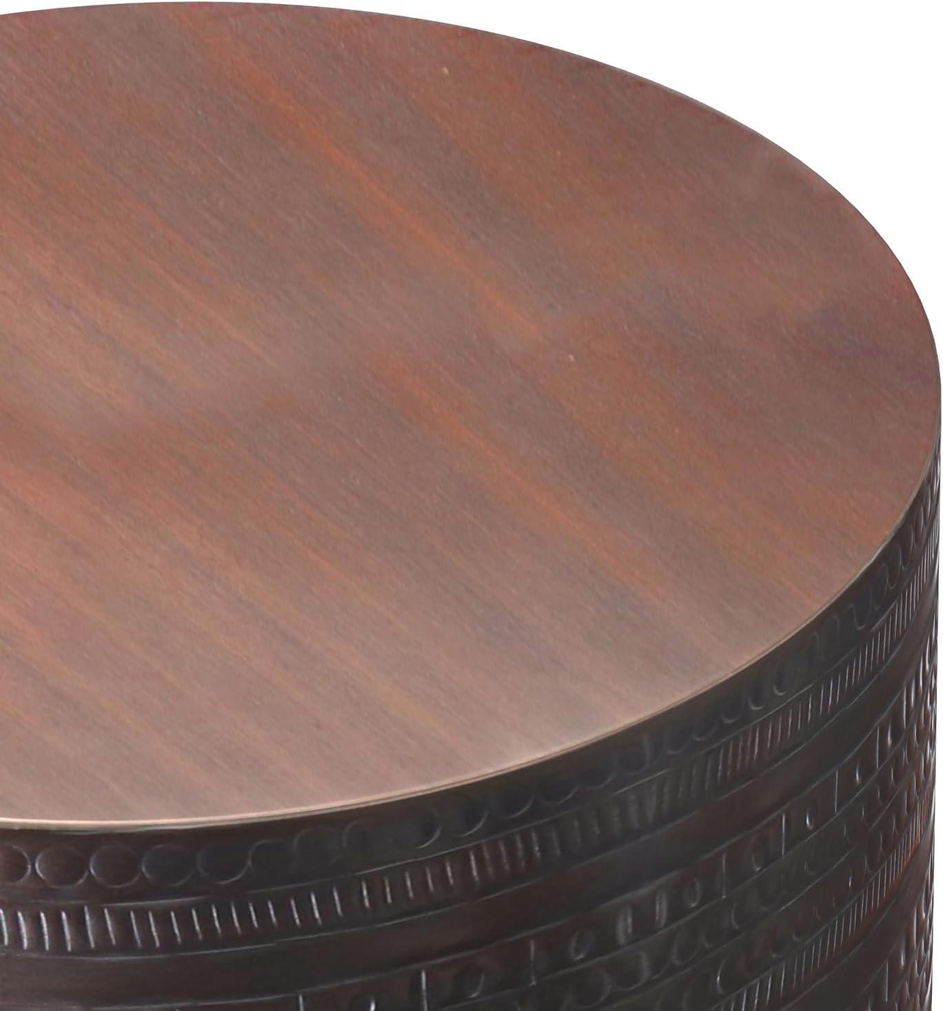 Bungalow Rose Johnsen 15"W Metal Industrial Boho Tribal Pattern Drum End Table with Textured Finish, Assembled